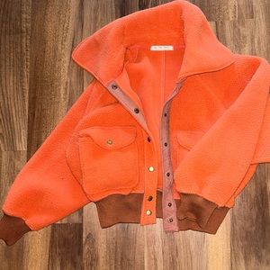Free People Orange Fleece Bomber Jacket